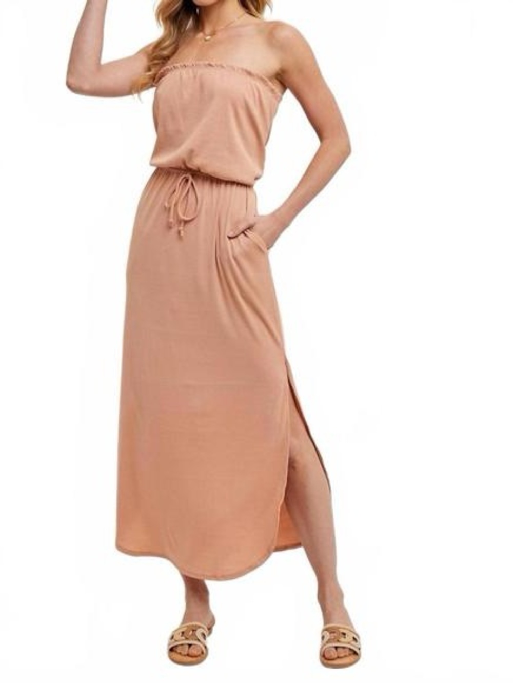 Bluivy Taupe Strapless Maxi Dress with Drawstring Waist